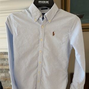 Ralph Lauren Women’s Blue and White Striped Oxford, Size 0 Slim